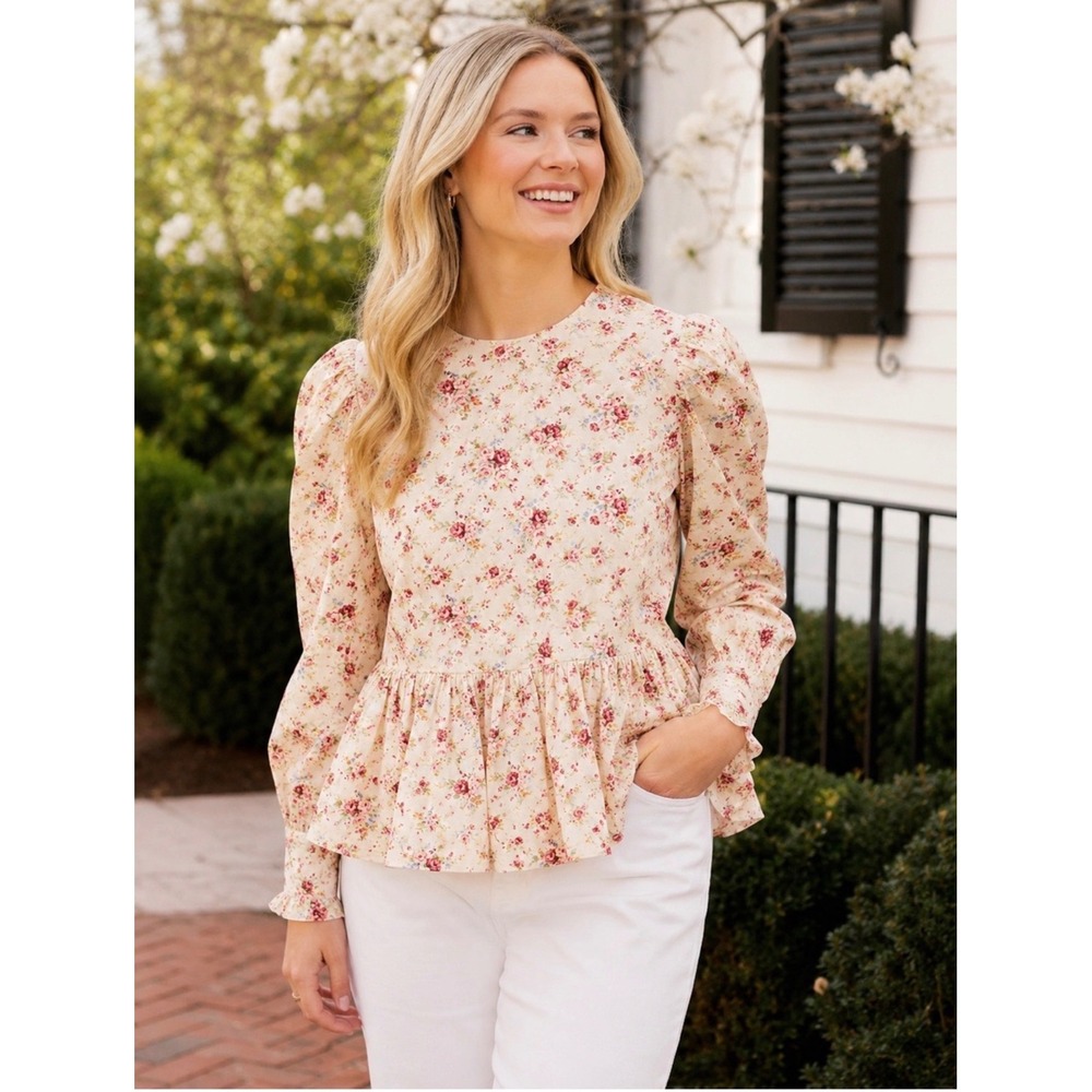 Hyacinth House Floral Ava Long Sleeve Peplum Ditsy Floral Print Top Cream Red M